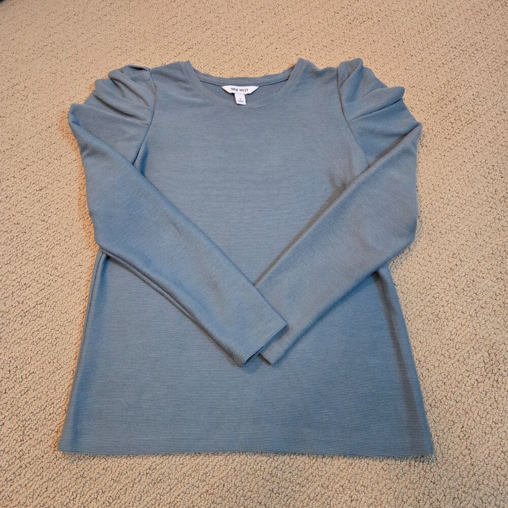 Nine West Womens Small Lazy River Blue Long Sleeve Top w/Ruffled Shoulders